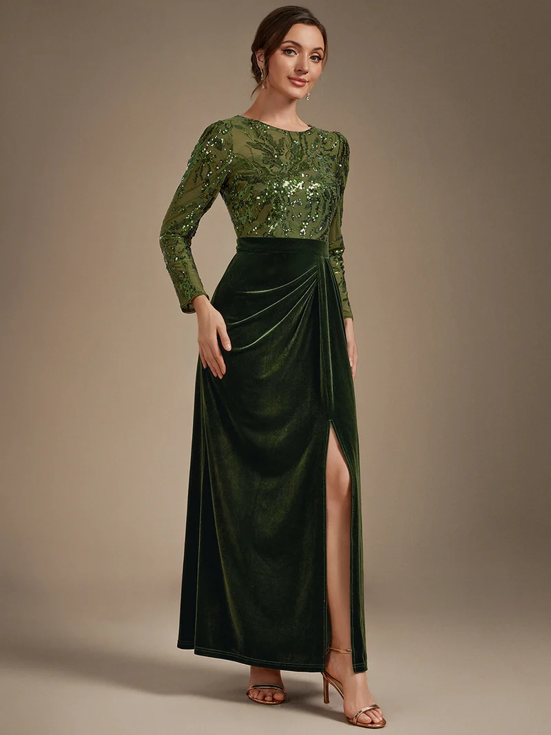 Velvet Long Sleeve Round Neck Sheath Sequin Evening Dress (Made To Order) (Green)