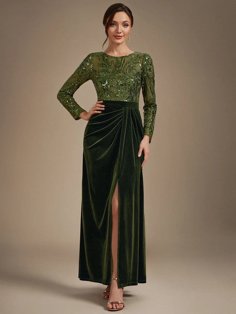 Velvet Long Sleeve Round Neck Sheath Sequin Evening Dress (Made To Order) (Green)