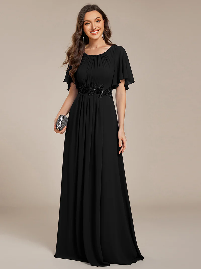 Short Sleeves Pleated Applique A-Line Formal Evening Dress (Black) (Made To Order)
