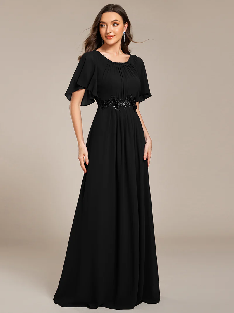 Short Sleeves Pleated Applique A-Line Formal Evening Dress (Black) (Made To Order)