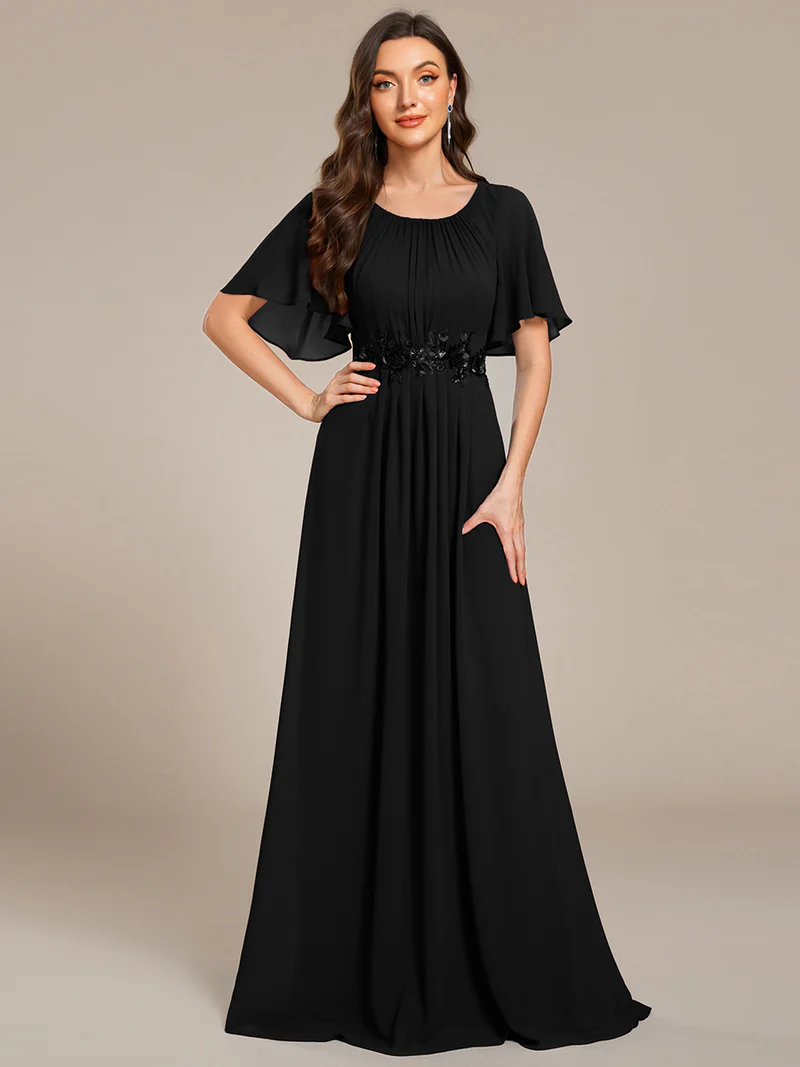 Short Sleeves Pleated Applique A-Line Formal Evening Dress (Black) (Made To Order)