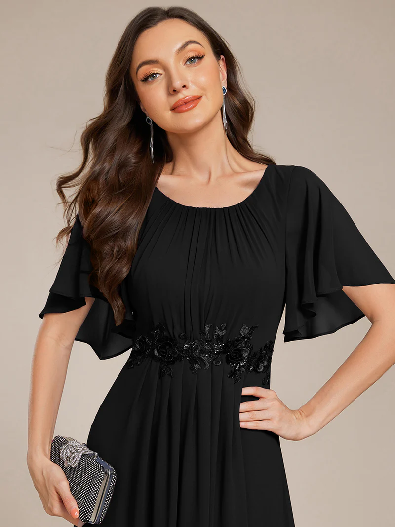 Short Sleeves Pleated Applique A-Line Formal Evening Dress (Black) (Made To Order)