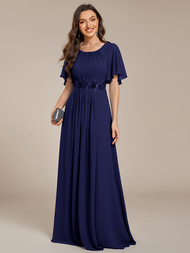 Short Sleeves Pleated Applique A-Line Formal Evening Dress (Navy Blue) (Made To Order)