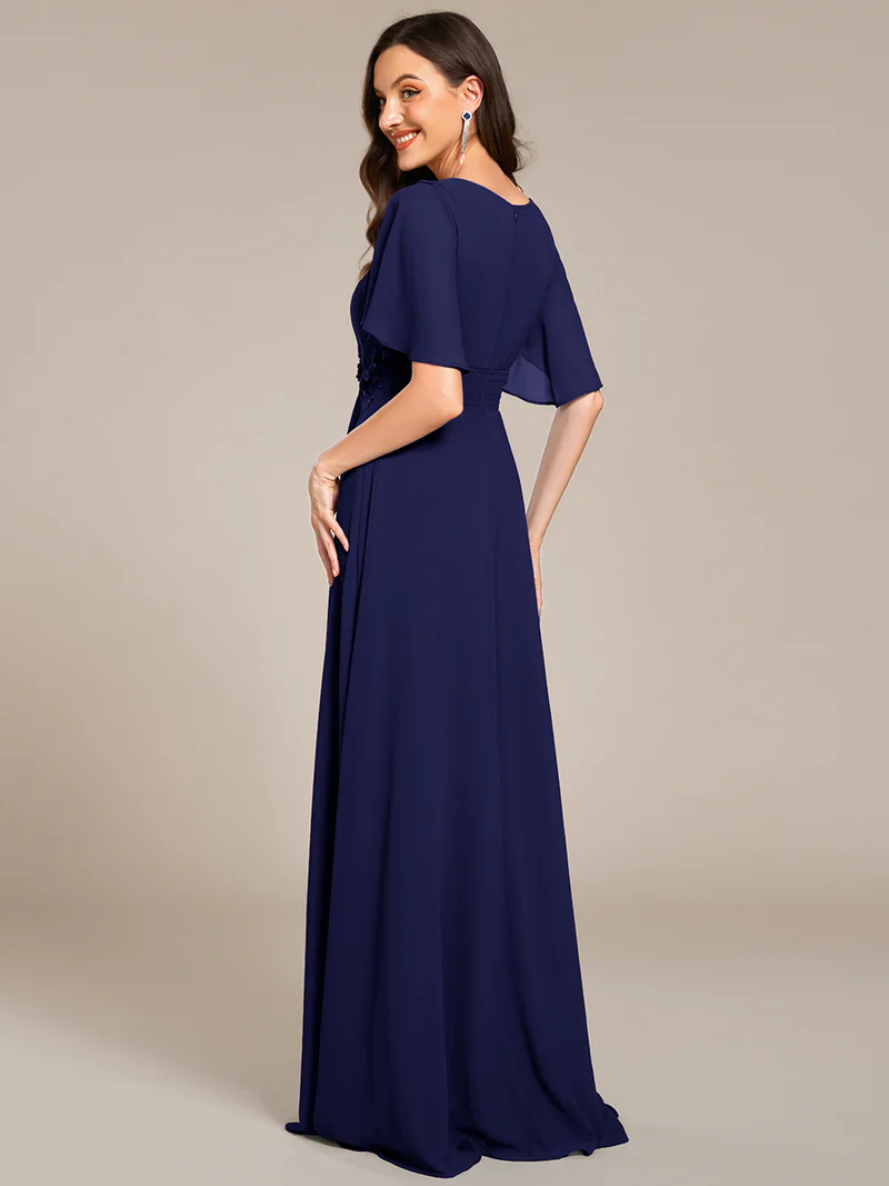Short Sleeves Pleated Applique A-Line Formal Evening Dress (Navy Blue) (Made To Order)