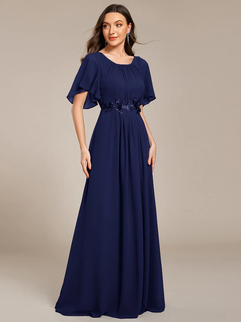 Short Sleeves Pleated Applique A-Line Formal Evening Dress (Navy Blue) (Made To Order)