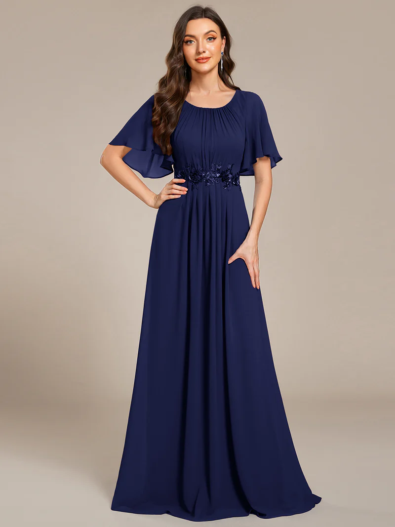 Short Sleeves Pleated Applique A-Line Formal Evening Dress (Navy Blue) (Made To Order)