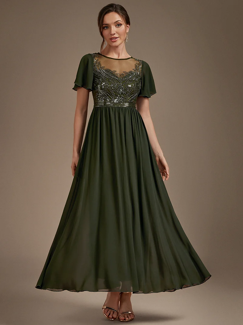 Short Sleeve Ruffle A-Line Beaded Details Evening Gown (Olive Green) (Made To Order)