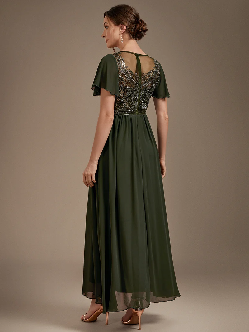 Short Sleeve Ruffle A-Line Beaded Details Evening Gown (Olive Green) (Made To Order)