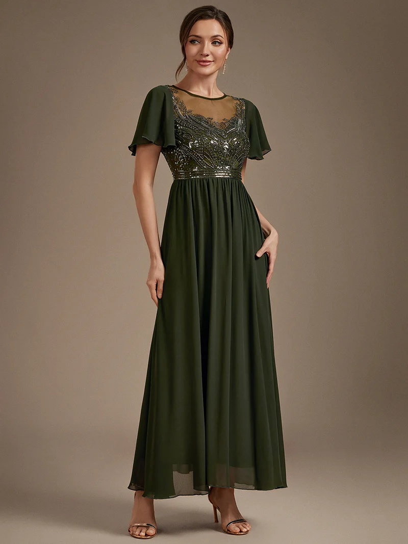 Short Sleeve Ruffle A-Line Beaded Details Evening Gown (Olive Green) (Made To Order)