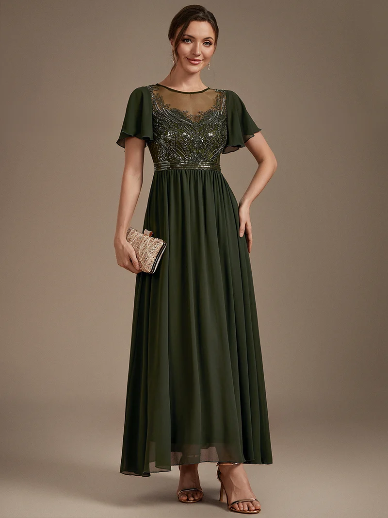 Short Sleeve Ruffle A-Line Beaded Details Evening Gown (Olive Green) (Made To Order)