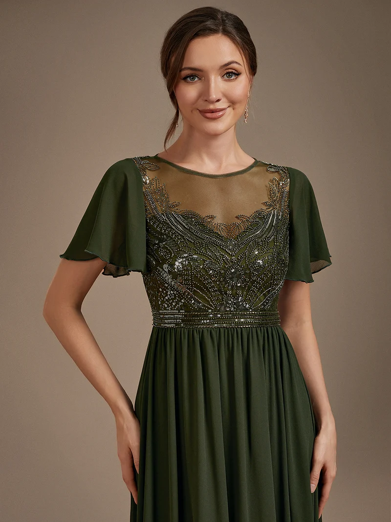 Short Sleeve Ruffle A-Line Beaded Details Evening Gown (Olive Green) (Made To Order)