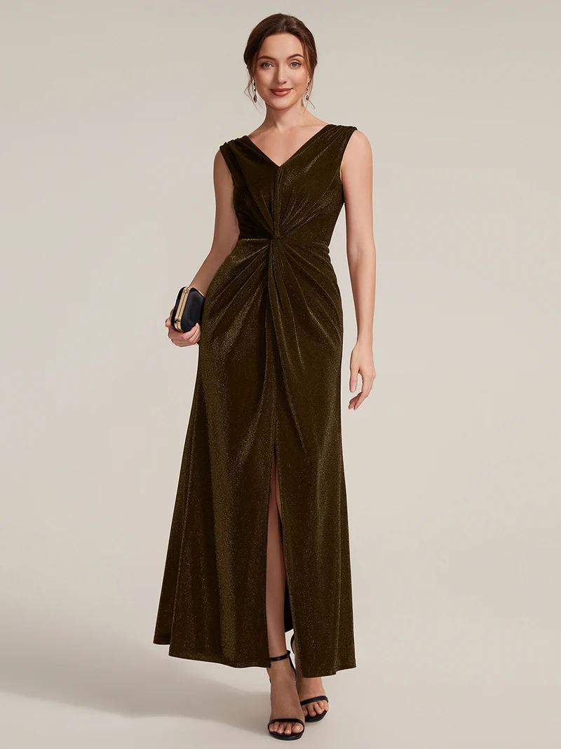 Sleeveless V-Neck Sheath with Knot Detail Evening Gown (Brown) (Made To Order)