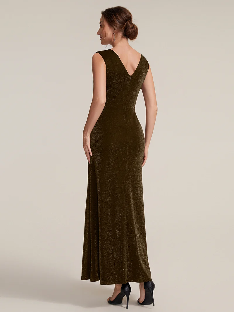 Sleeveless V-Neck Sheath with Knot Detail Evening Gown (Brown) (Made To Order)