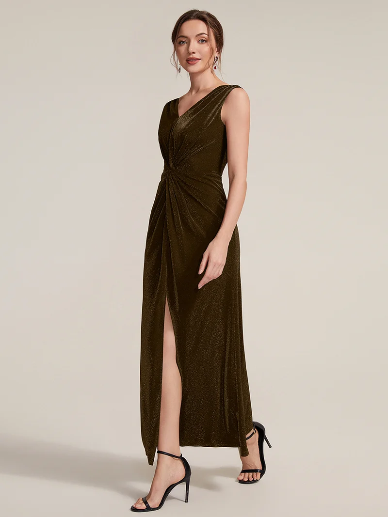 Sleeveless V-Neck Sheath with Knot Detail Evening Gown (Brown) (Made To Order)