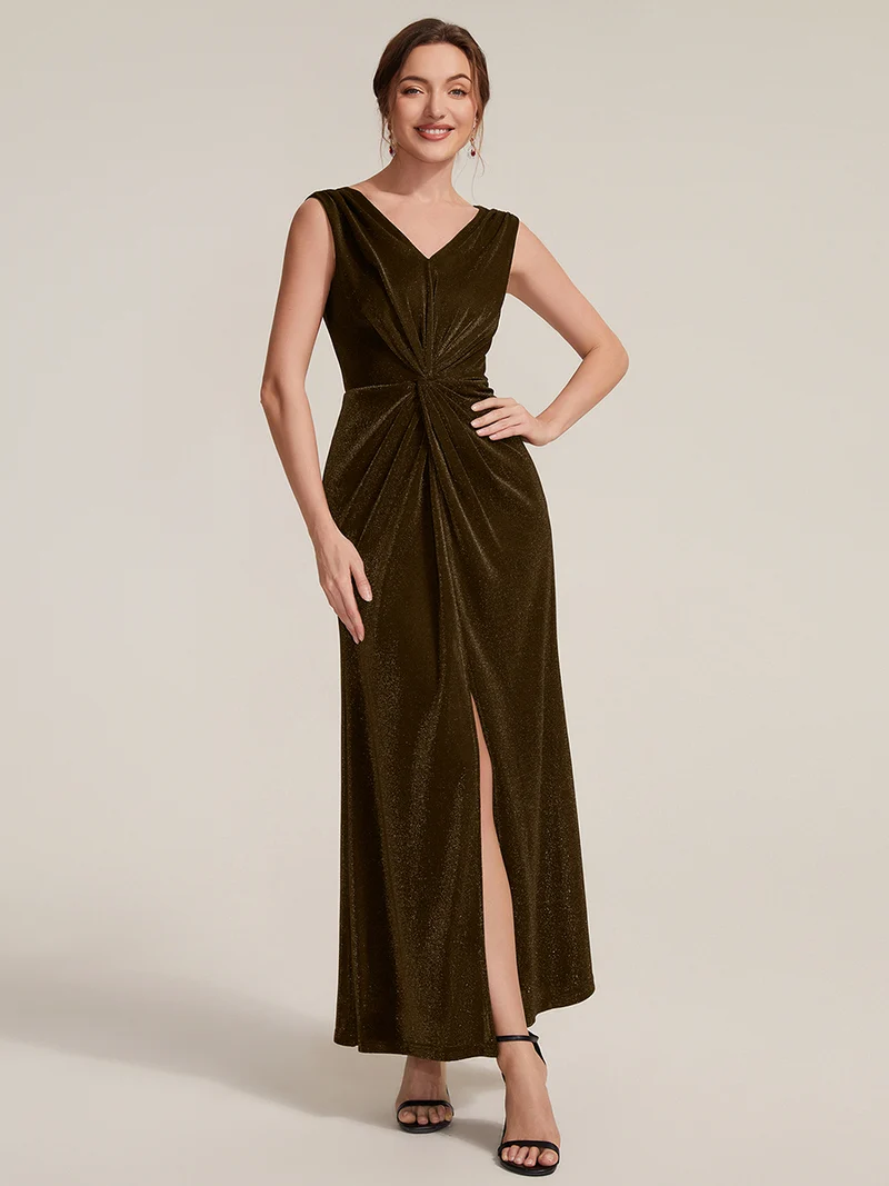 Sleeveless V-Neck Sheath with Knot Detail Evening Gown (Brown) (Made To Order)