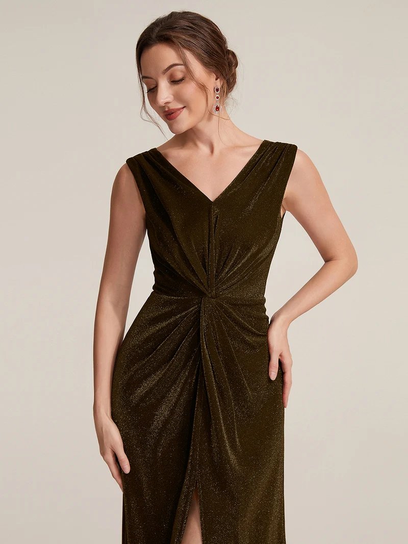 Sleeveless V-Neck Sheath with Knot Detail Evening Gown (Brown) (Made To Order)