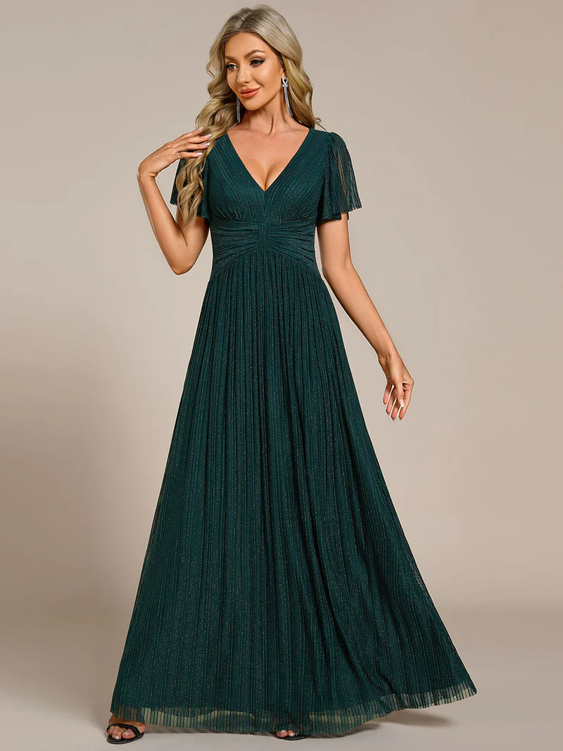 Glittery V Neck Bowknot Waist Mesh Fabric Evening Dress (Teal) (Retail)