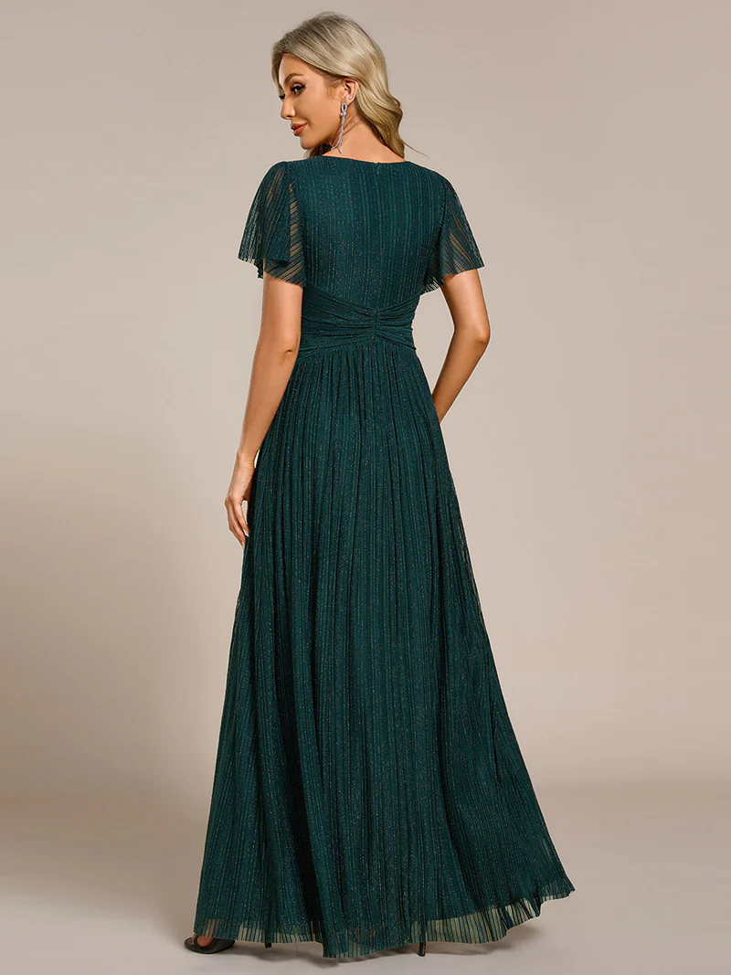 Glittery V Neck Bowknot Waist Mesh Fabric Evening Dress (Teal) (Retail)