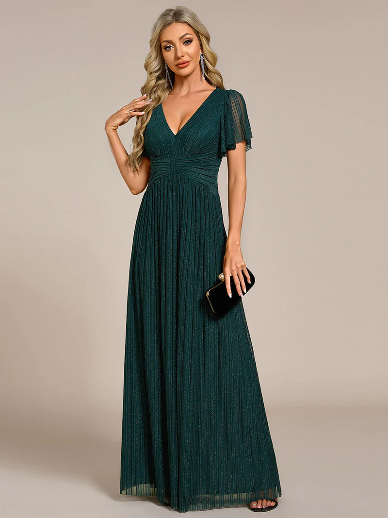 Glittery V Neck Bowknot Waist Mesh Fabric Evening Dress (Teal) (Retail)