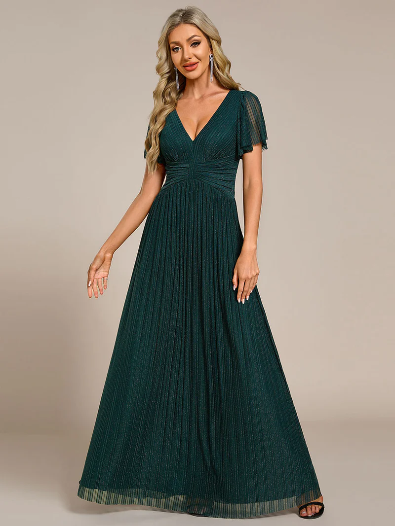 Glittery V Neck Bowknot Waist Mesh Fabric Evening Dress (Teal) (Retail)