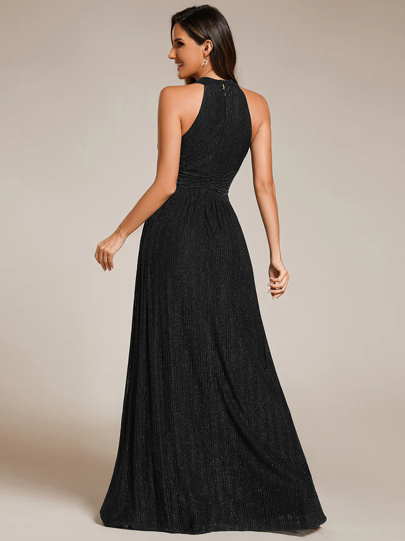 Glittery Halter Neck Pleated Evening Dress (Black) (Made To Order)