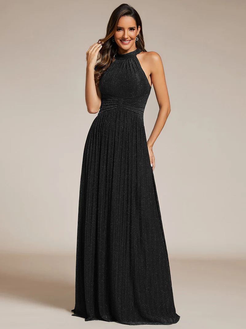 Glittery Halter Neck Pleated Evening Dress (Black) (Made To Order)