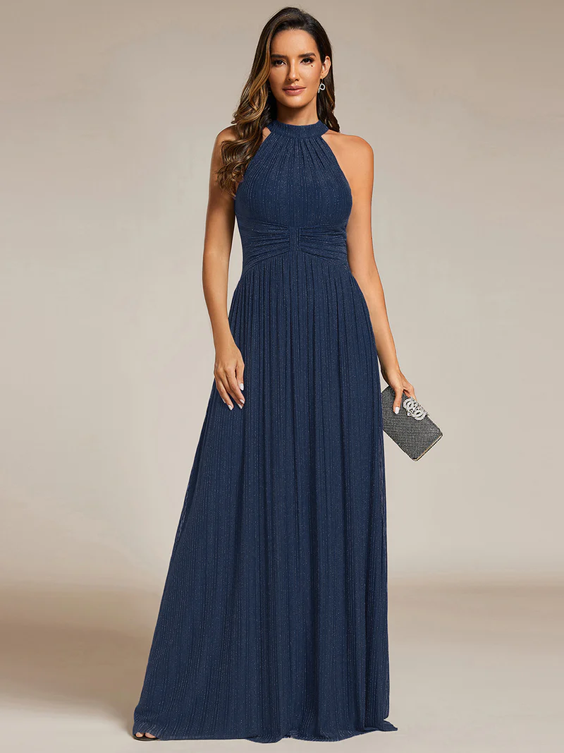 Glittery Halter Neck Pleated Evening Dress (Navy Blue) (Retail)