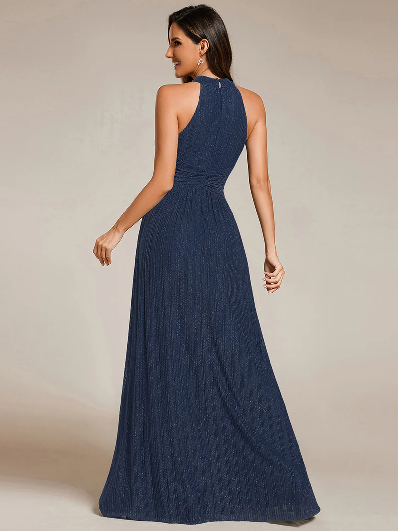 Glittery Halter Neck Pleated Evening Dress (Navy Blue) (Retail)
