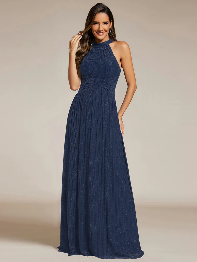 Glittery Halter Neck Pleated Evening Dress (Navy Blue) (Retail)