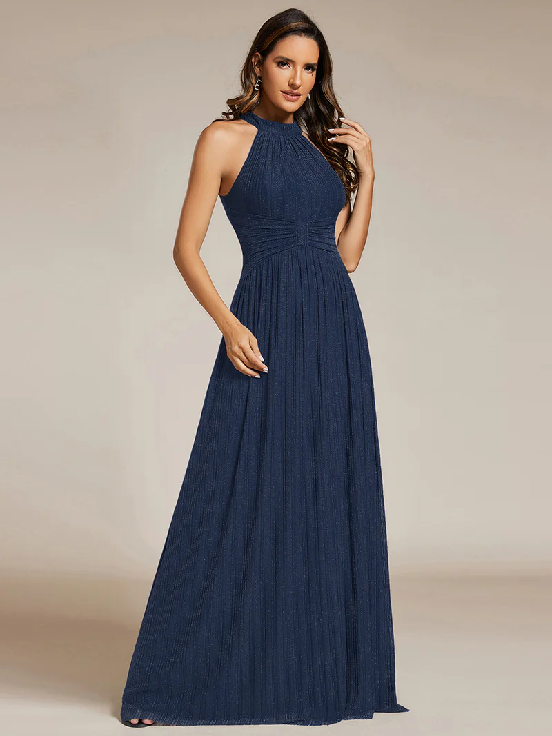 Glittery Halter Neck Pleated Evening Dress (Navy Blue) (Retail)