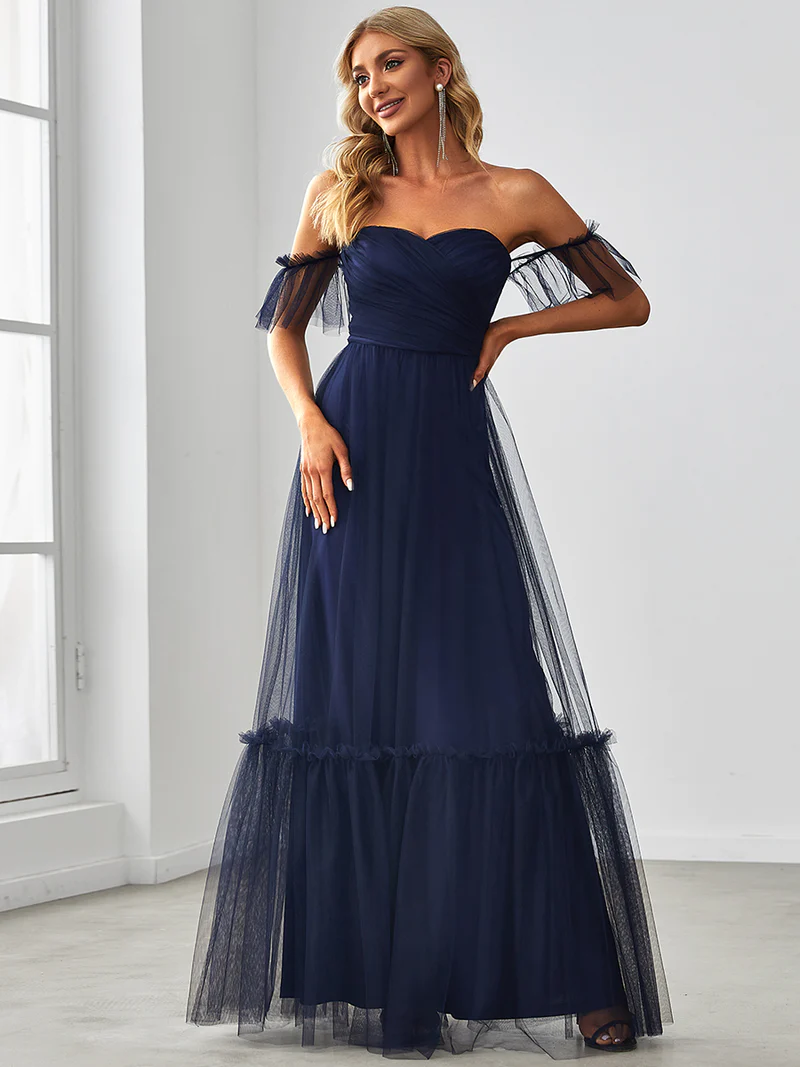 Strapless A Line Ruffles Sleeves Evening Dresses (Navy Blue) (Made To Order)