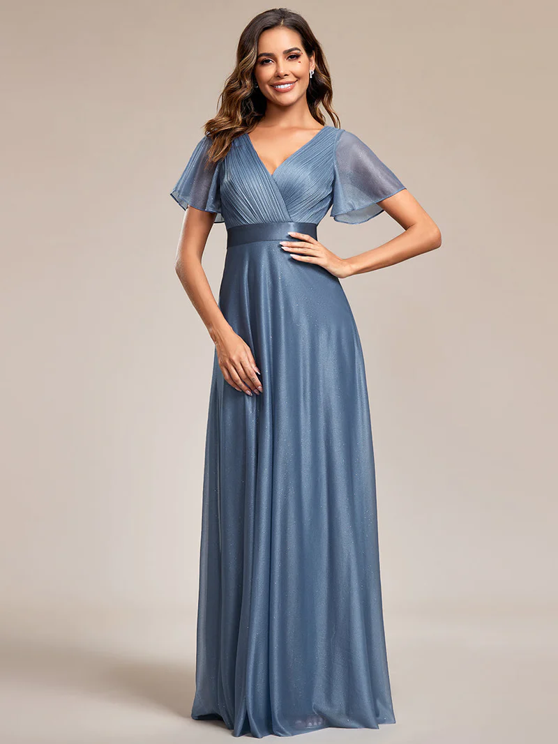 Deep V Neck Ruffles Sleeve A Line Evening Gown (Dusty Blue) (Made To Order)