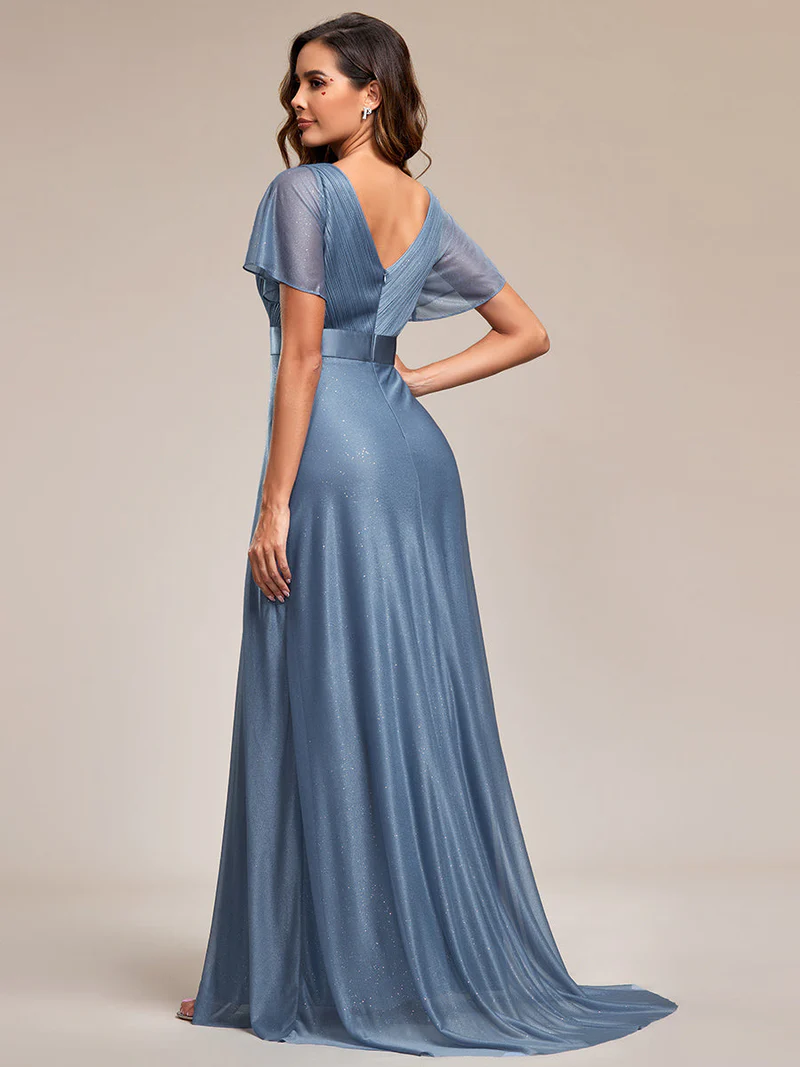 Deep V Neck Ruffles Sleeve A Line Evening Gown (Dusty Blue) (Made To Order)