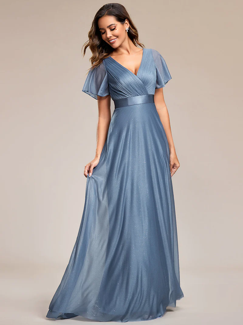 Deep V Neck Ruffles Sleeve A Line Evening Gown (Dusty Blue) (Made To Order)