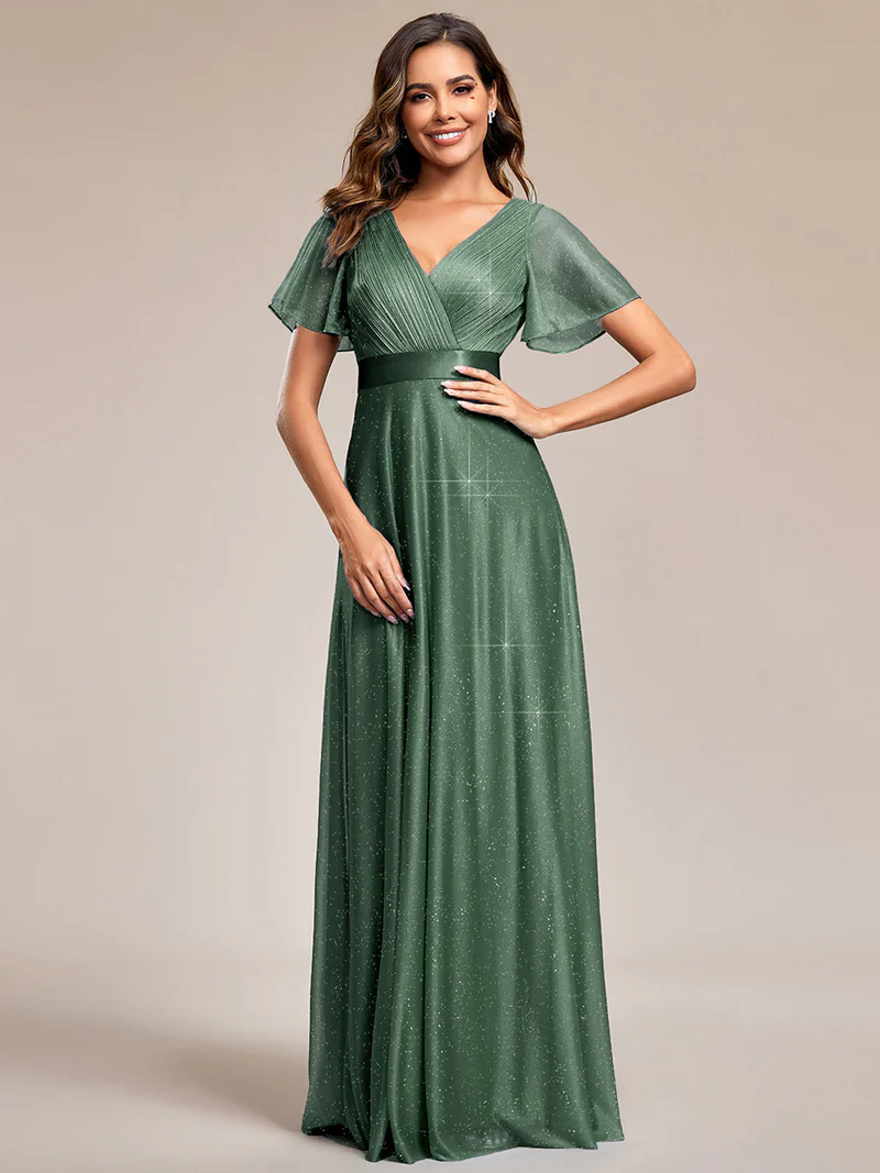 Deep V Neck Ruffles Sleeve A Line Evening Gown (Eucalyptus) (Made To Order)
