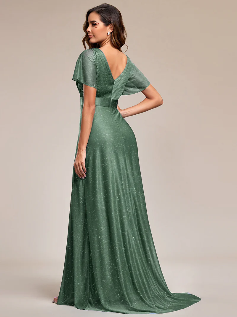 Deep V Neck Ruffles Sleeve A Line Evening Gown (Eucalyptus) (Made To Order)