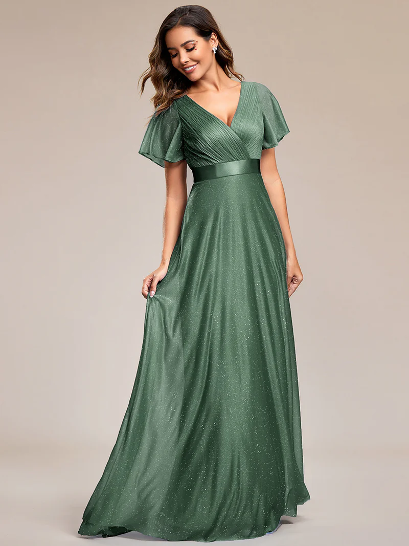 Deep V Neck Ruffles Sleeve A Line Evening Gown (Eucalyptus) (Made To Order)