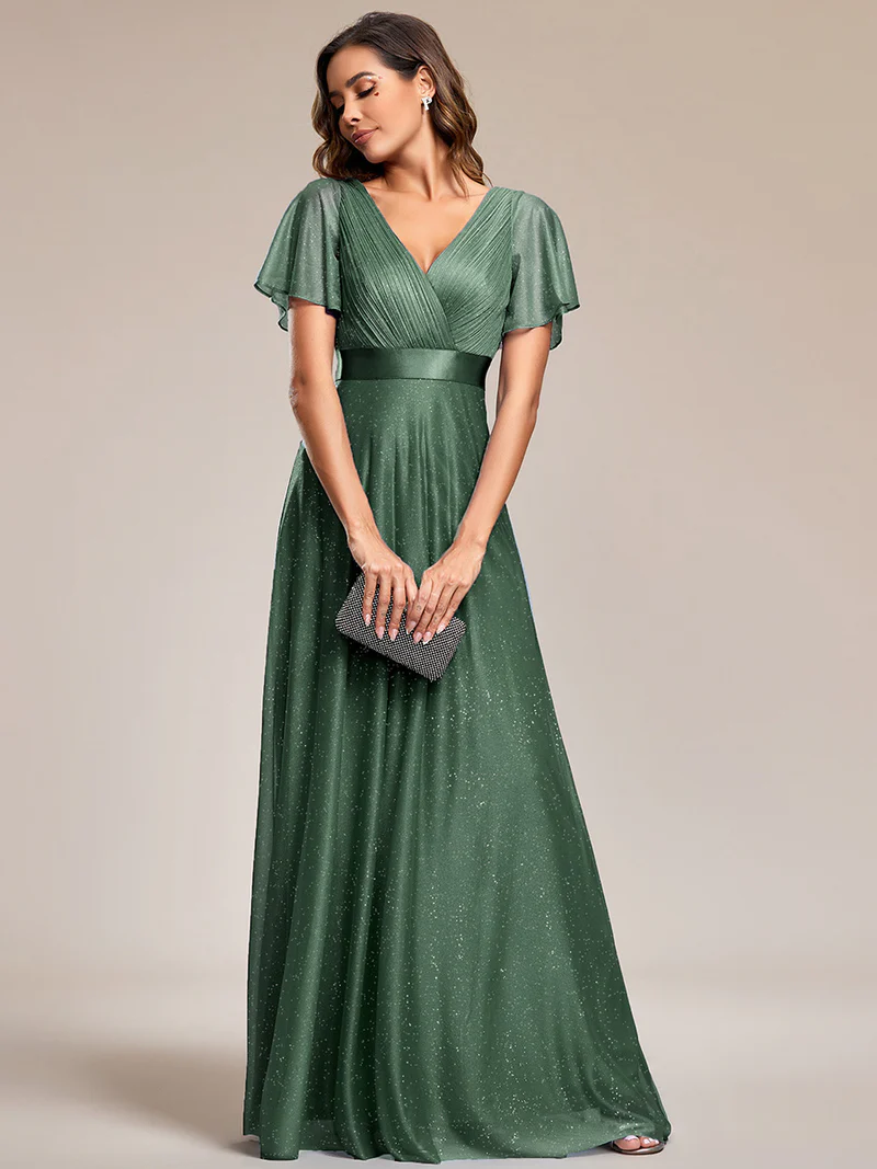 Deep V Neck Ruffles Sleeve A Line Evening Gown (Eucalyptus) (Made To Order)