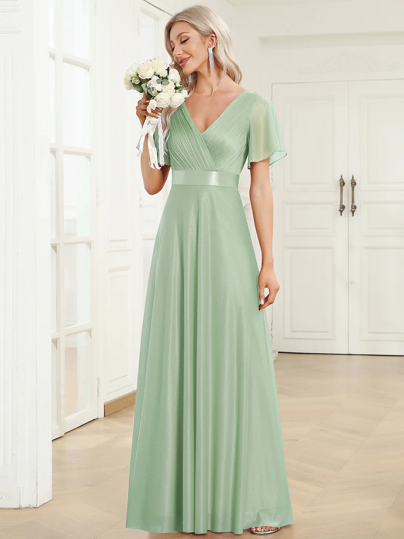 Deep V Neck Ruffles Sleeve A Line Evening Gown (Mint Green) (Made To Order)