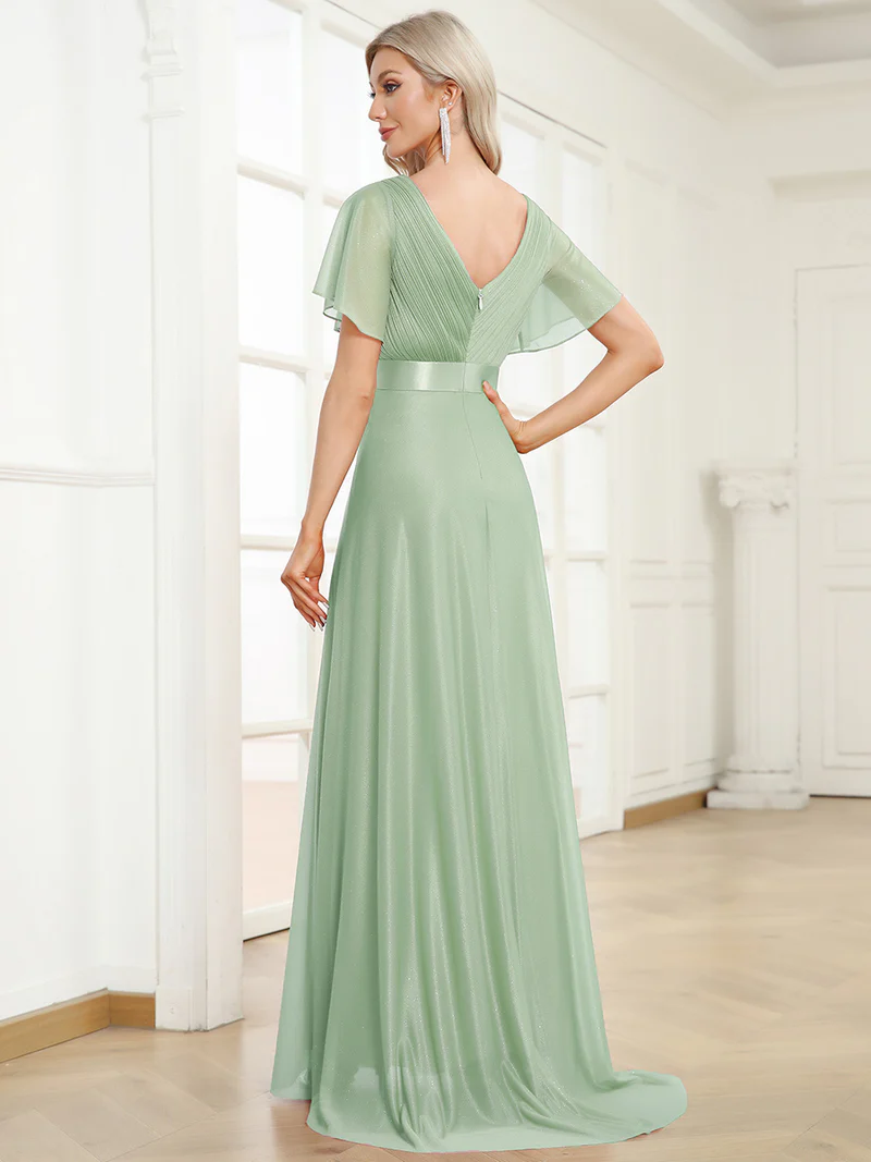 Deep V Neck Ruffles Sleeve A Line Evening Gown (Mint Green) (Made To Order)