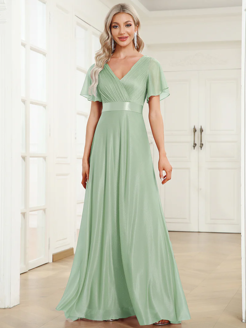 Deep V Neck Ruffles Sleeve A Line Evening Gown (Mint Green) (Made To Order)