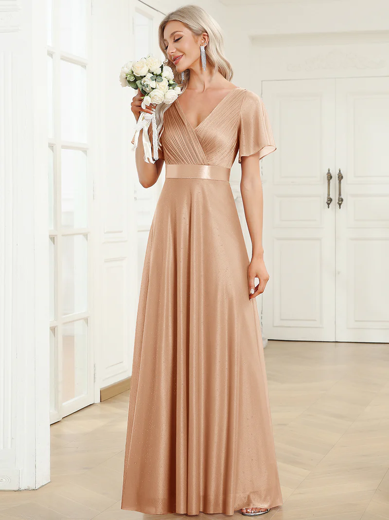 Deep V Neck Ruffles Sleeve A Line Evening Gown (Beige) (Made To Order)