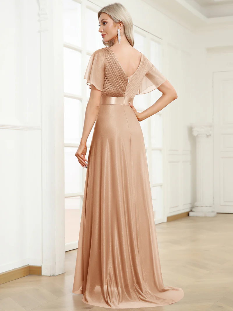 Deep V Neck Ruffles Sleeve A Line Evening Gown (Beige) (Made To Order)