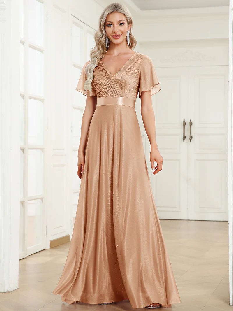 Deep V Neck Ruffles Sleeve A Line Evening Gown (Beige) (Made To Order)