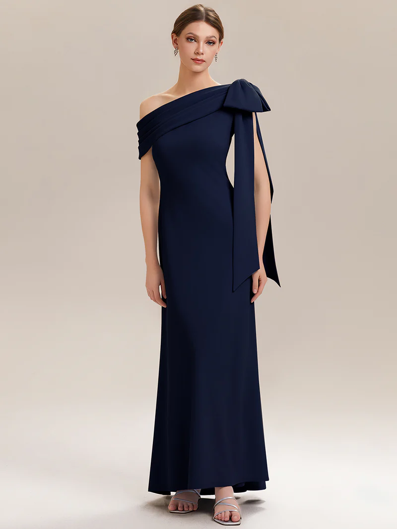 Asymmetrical Sleeveless High Stretch Sheath Evening Gown (Navy Blue) (Made To Order)