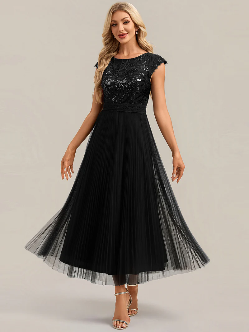 Cap Sleeve Sequins Pleated Dress (Black) (Made To Order)