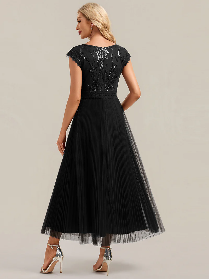 Cap Sleeve Sequins Pleated Dress (Black) (Made To Order)