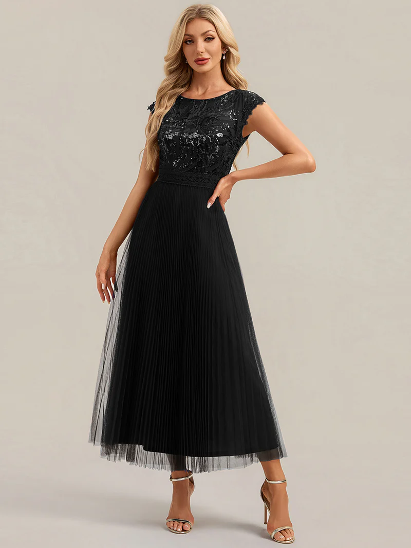 Cap Sleeve Sequins Pleated Dress (Black) (Made To Order)