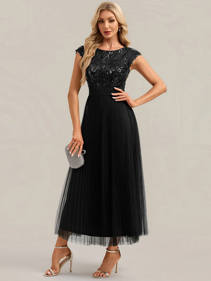 Cap Sleeve Sequins Pleated Dress (Black) (Made To Order)