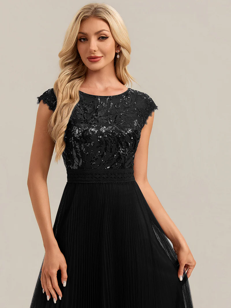 Cap Sleeve Sequins Pleated Dress (Black) (Made To Order)